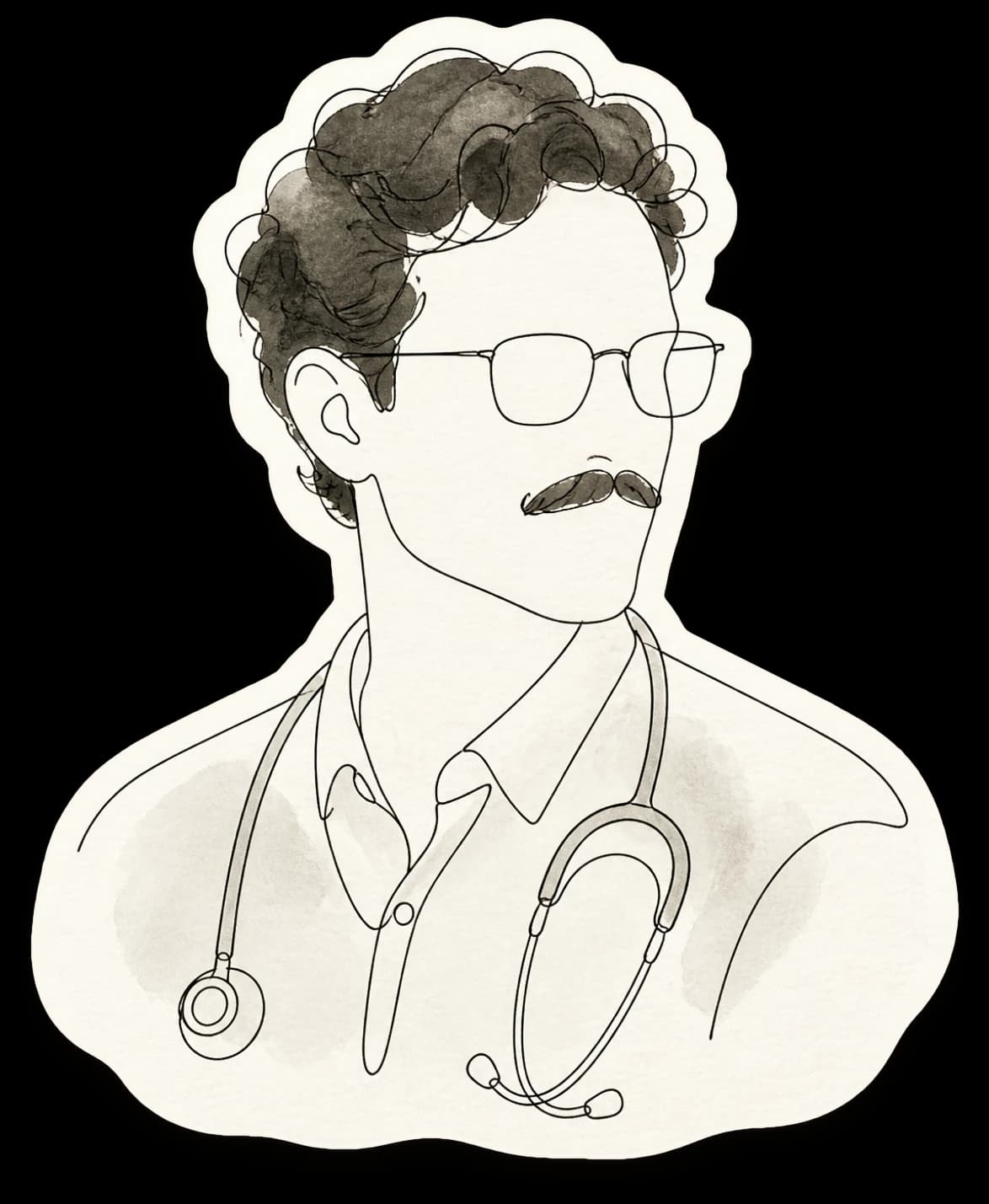 Drawing of a doctor with glasses and a stethoscope hanging round his neck.
