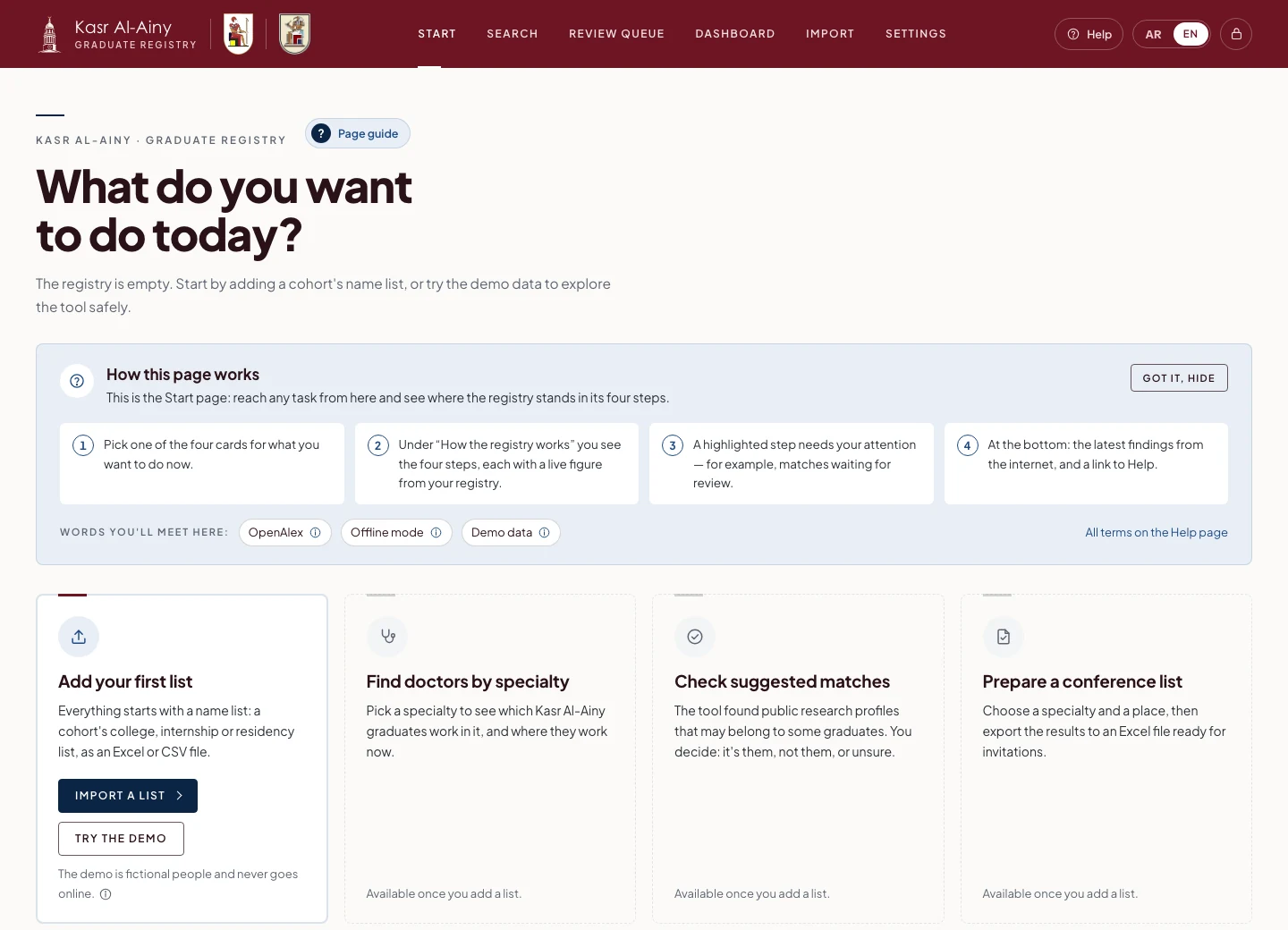 The alumni system's start page, still empty, with one card for each task, from importing a list of graduates to preparing a conference list.