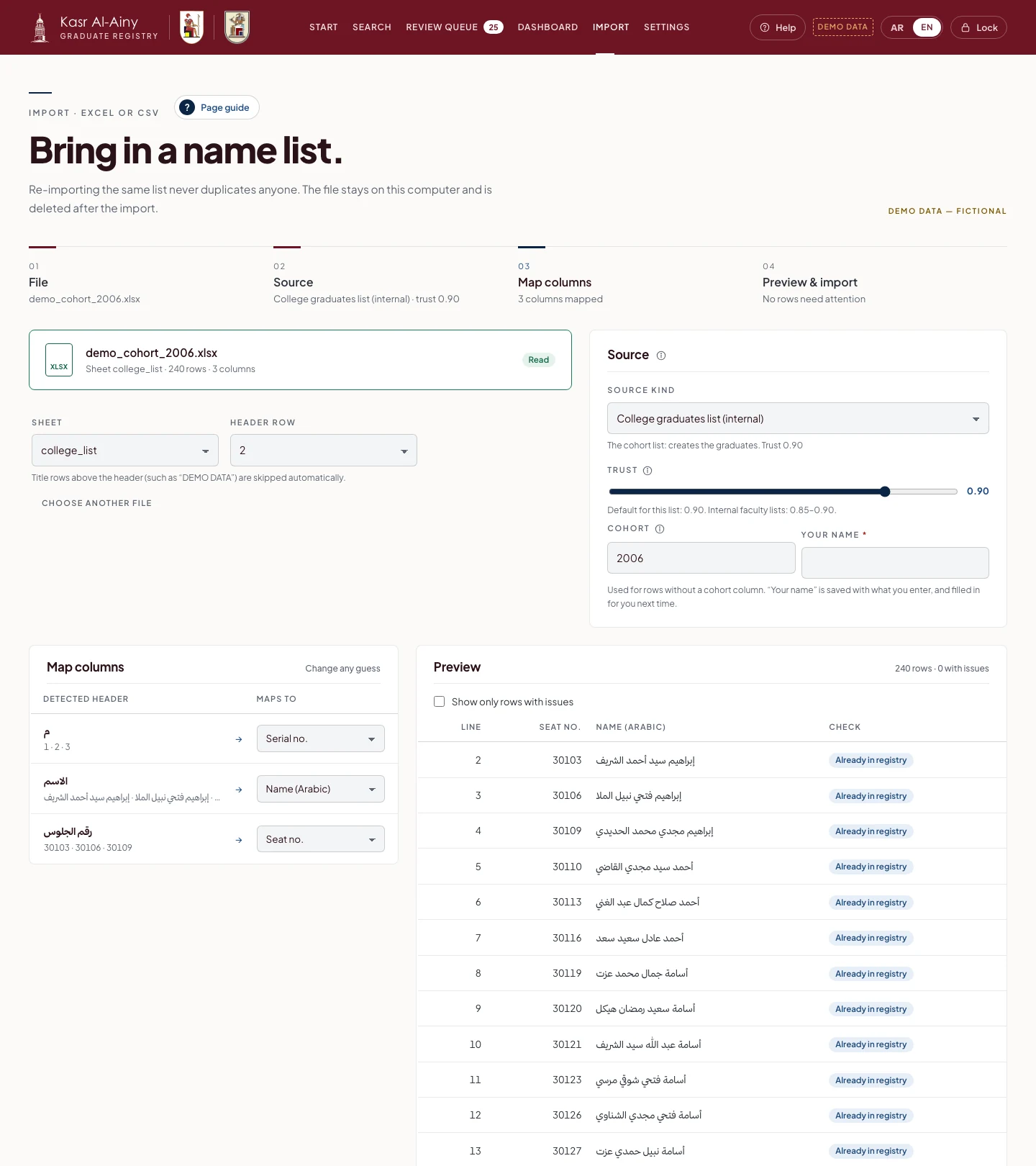 The import screen for a demo list of 240 rows, which walks through four steps from choosing the file to a preview.