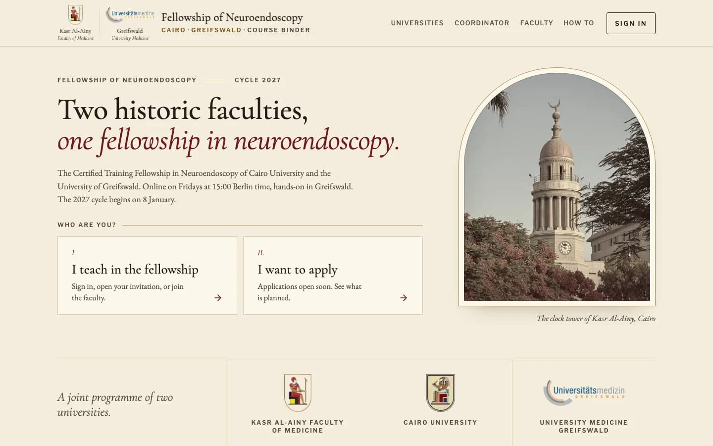 The home page of the neuroendoscopy fellowship on Course Binder, on a laptop, with the Kasr Al-Ainy clock tower on the right.