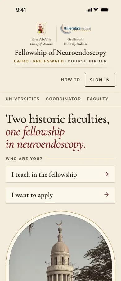 The neuroendoscopy fellowship home page on a phone, with one button for faculty and one for applicants.