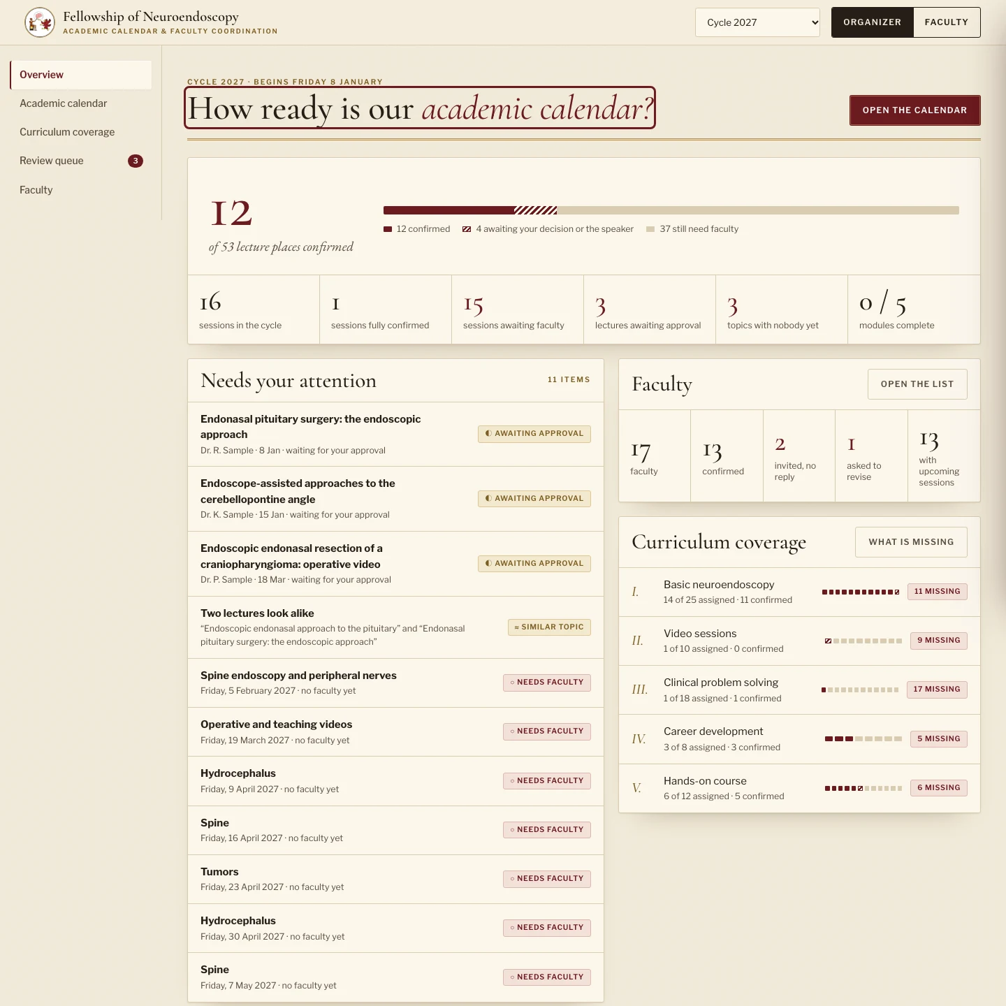 The Course Binder overview for cycle 2027, with a bar of confirmed and open lecture places, a list of items needing attention and curriculum coverage by module, using placeholder names.
