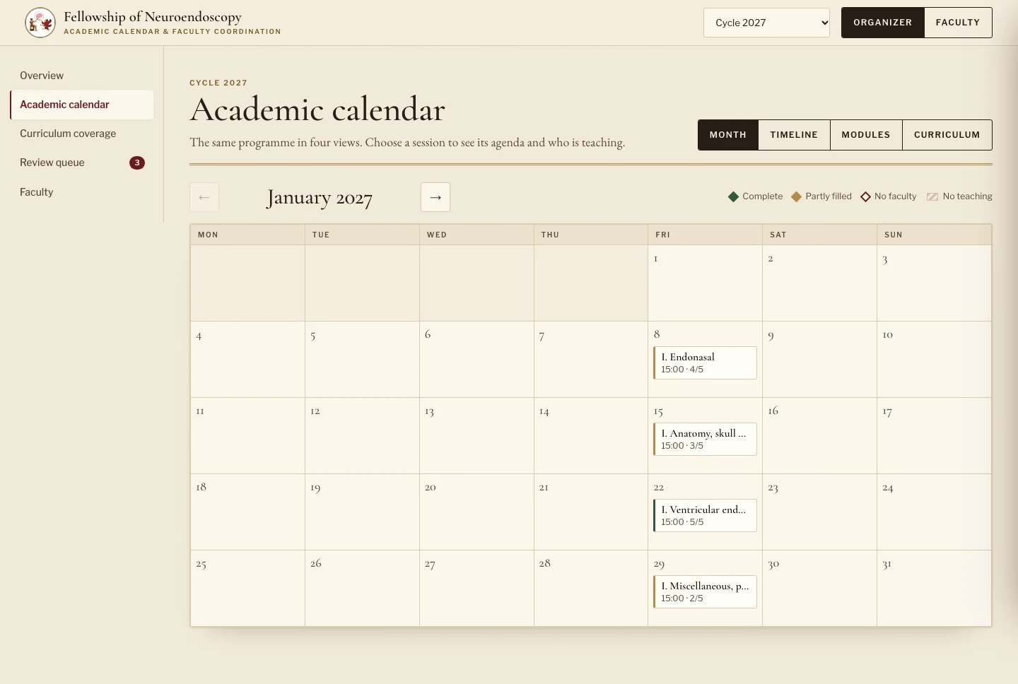 A month calendar for January 2027 with a session every Friday and a mark showing how full each one is.