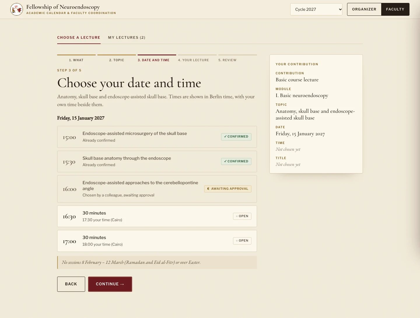 The third of five steps asks for a date and time. It lists the slots on 15 January 2027, and each one is marked with its status.