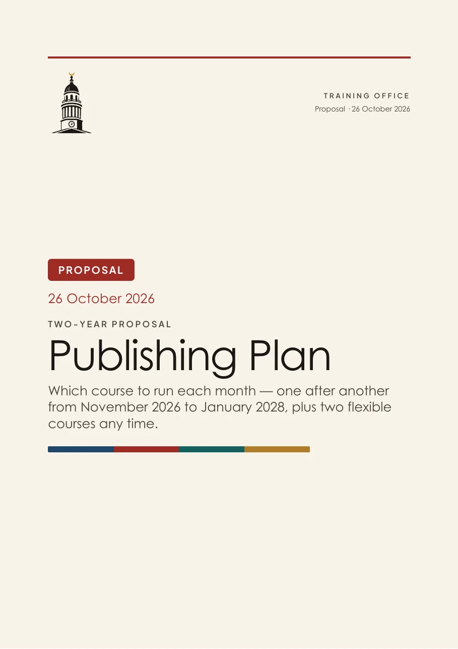 The cover of a Training Office proposal titled Publishing Plan, which sets the course for each month from November 2026 to January 2028.