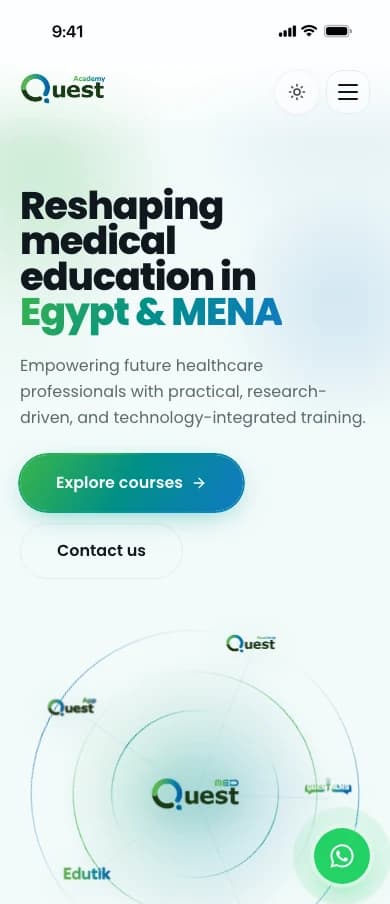 The Quest Academy home page on a phone, with buttons to explore the courses or get in touch.