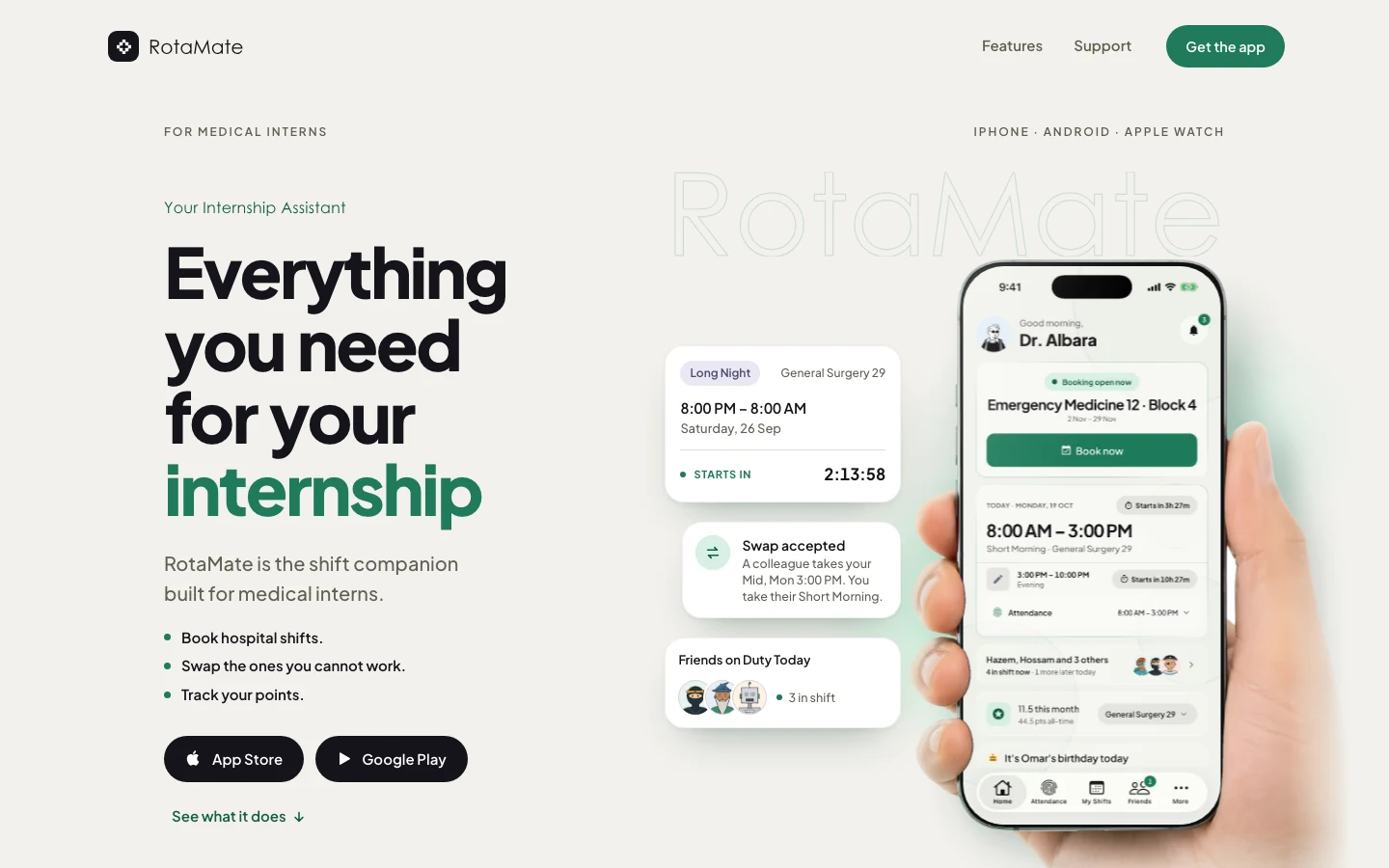The RotaMate website on a laptop, with links to the App Store and Google Play.