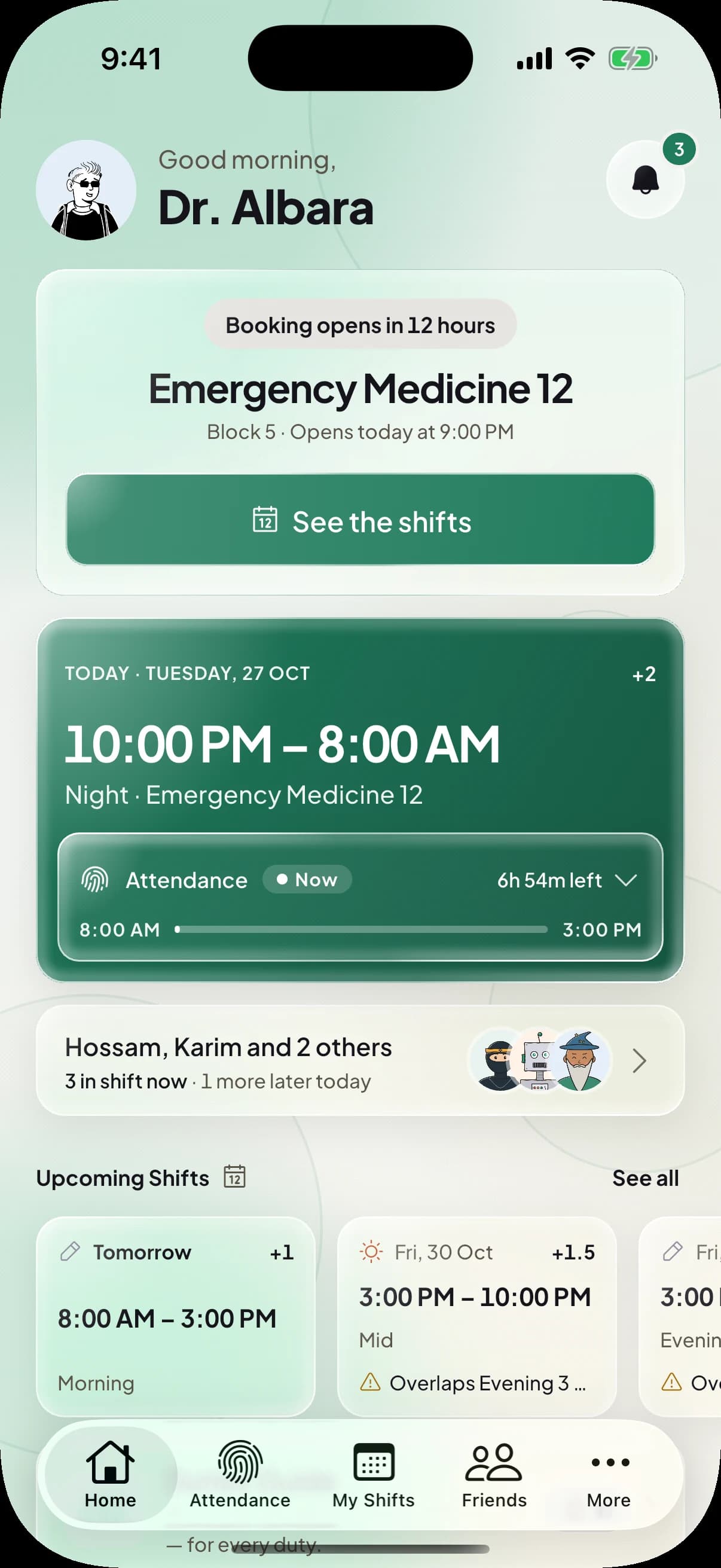 RotaMate's home screen on an iPhone with demo names. The next booking sits on top, then tonight's Emergency Medicine shift with its attendance timer, the friends on shift now and the shifts coming up.