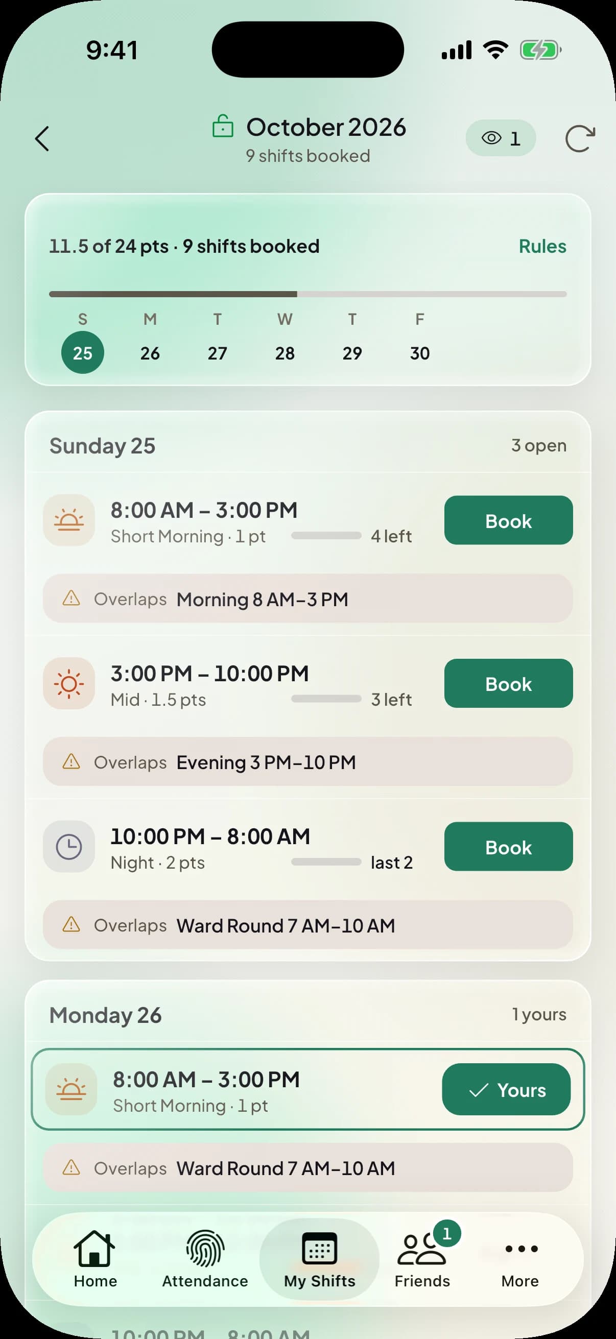 A RotaMate booking cycle on an iPhone. Each shift shows its times and points next to a Book button.