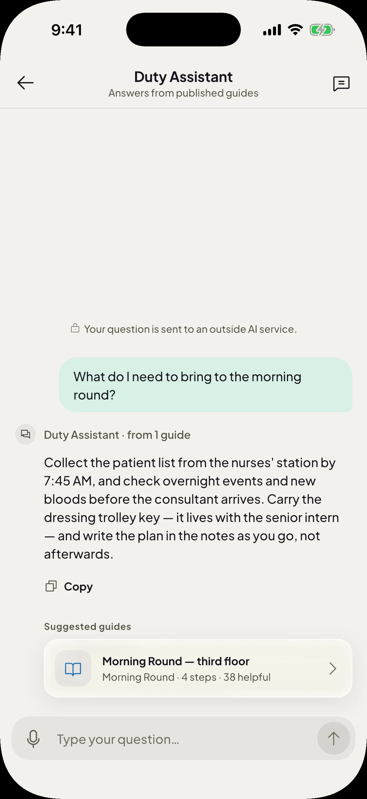 RotaMate's Duty Assistant on an iPhone, answering a question about the morning round and suggesting the guide it used.